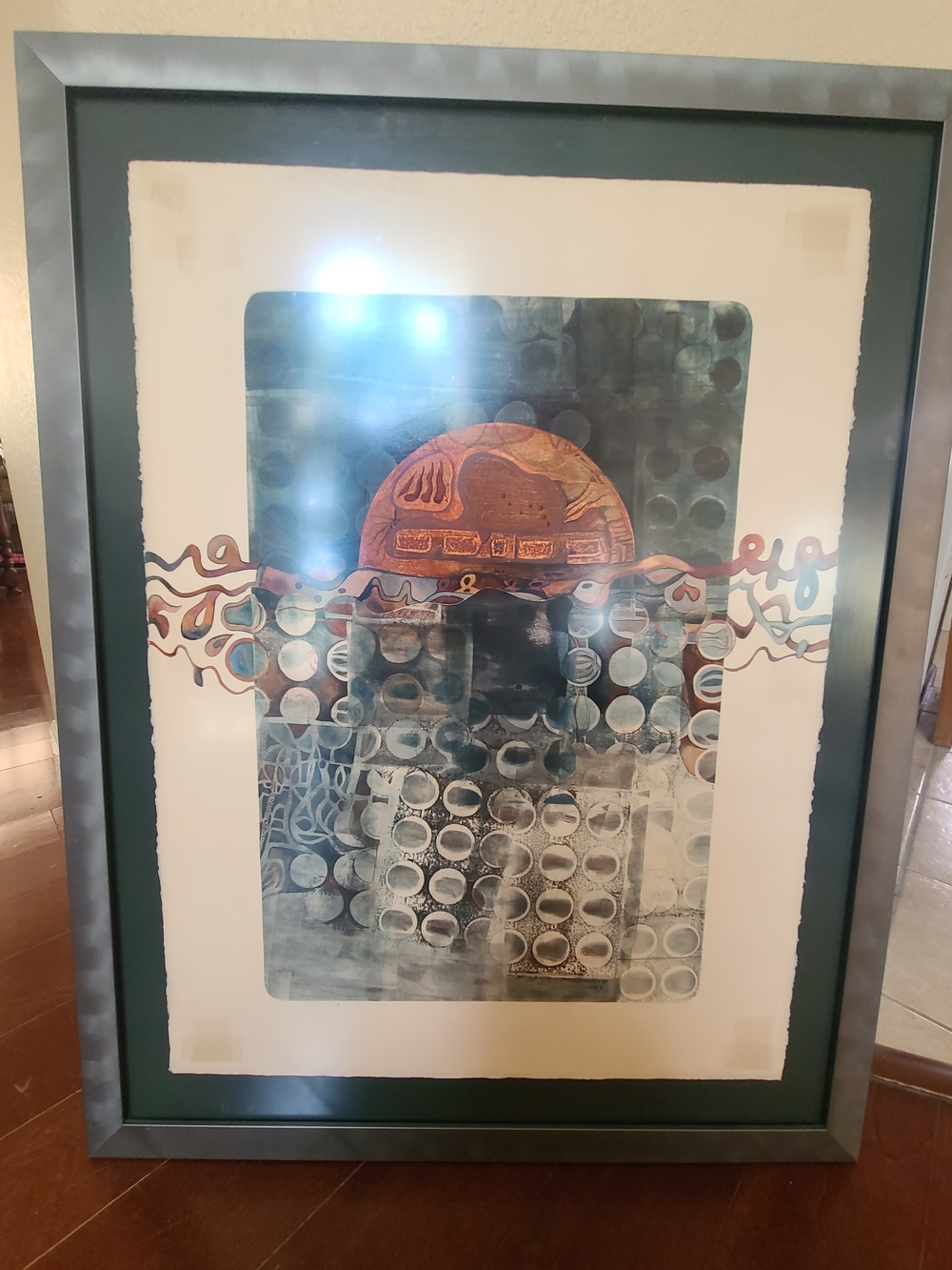 Abstract Framed watercolod painting by Ellna K Goodrum in Teal, Copper, and Gray